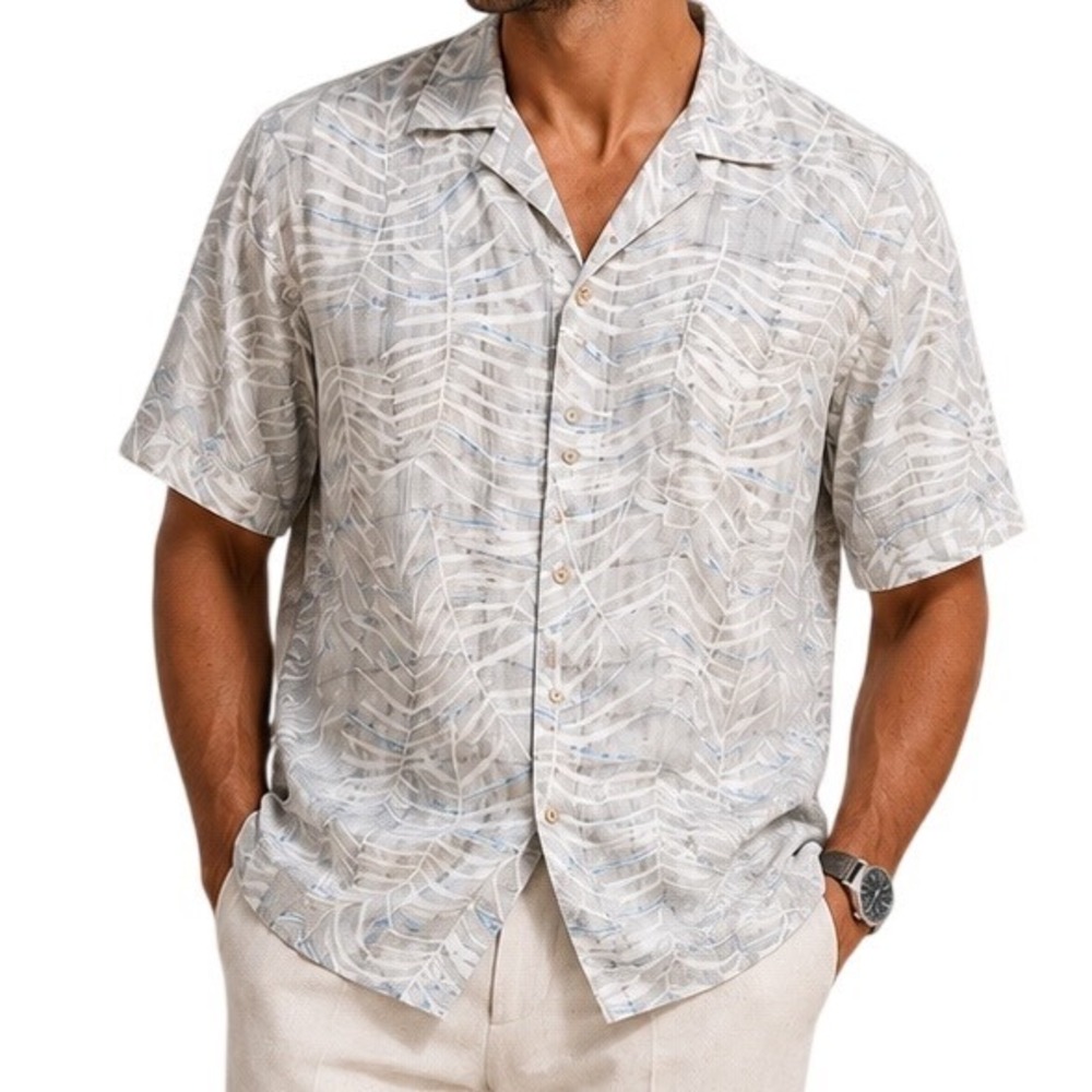 Chereskin Mens Gray Tropical Palm Leaf Silk Button Up Shirt Extra Large XL Silk
